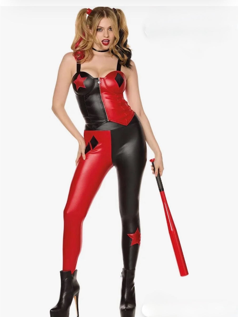 Harley Quinn Red Black Faux Leather Corset Pants Medium Halloween Cosplay Costum